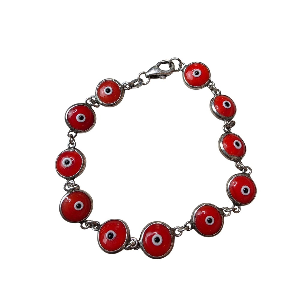 Sterling Silver Red Evil Eye Nazar Bead Link Bracelet 925 7.5 Inch‎ Protection